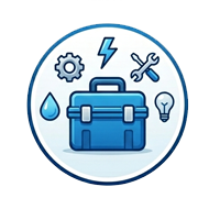 Blue toolbox inside a circular badge with tools and symbols for maintenance and repair.