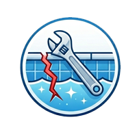 Circular pool repair icon with a wrench fixing a crack in a blue pool background